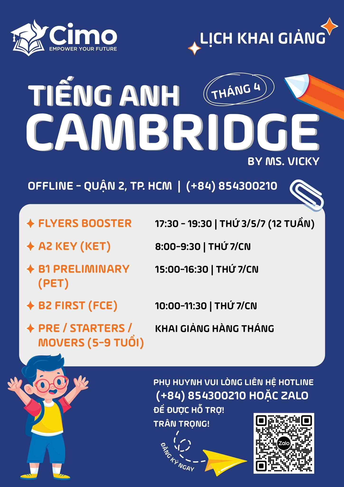 Poster màu xanh của CimoSchool về lịch khai giảng Cambridge Offline tại Quận 2 TP HCM tháng 4, gồm Flyers Booster A2 KET B1 PET B2 FCE và lớp Pre Starters Movers.