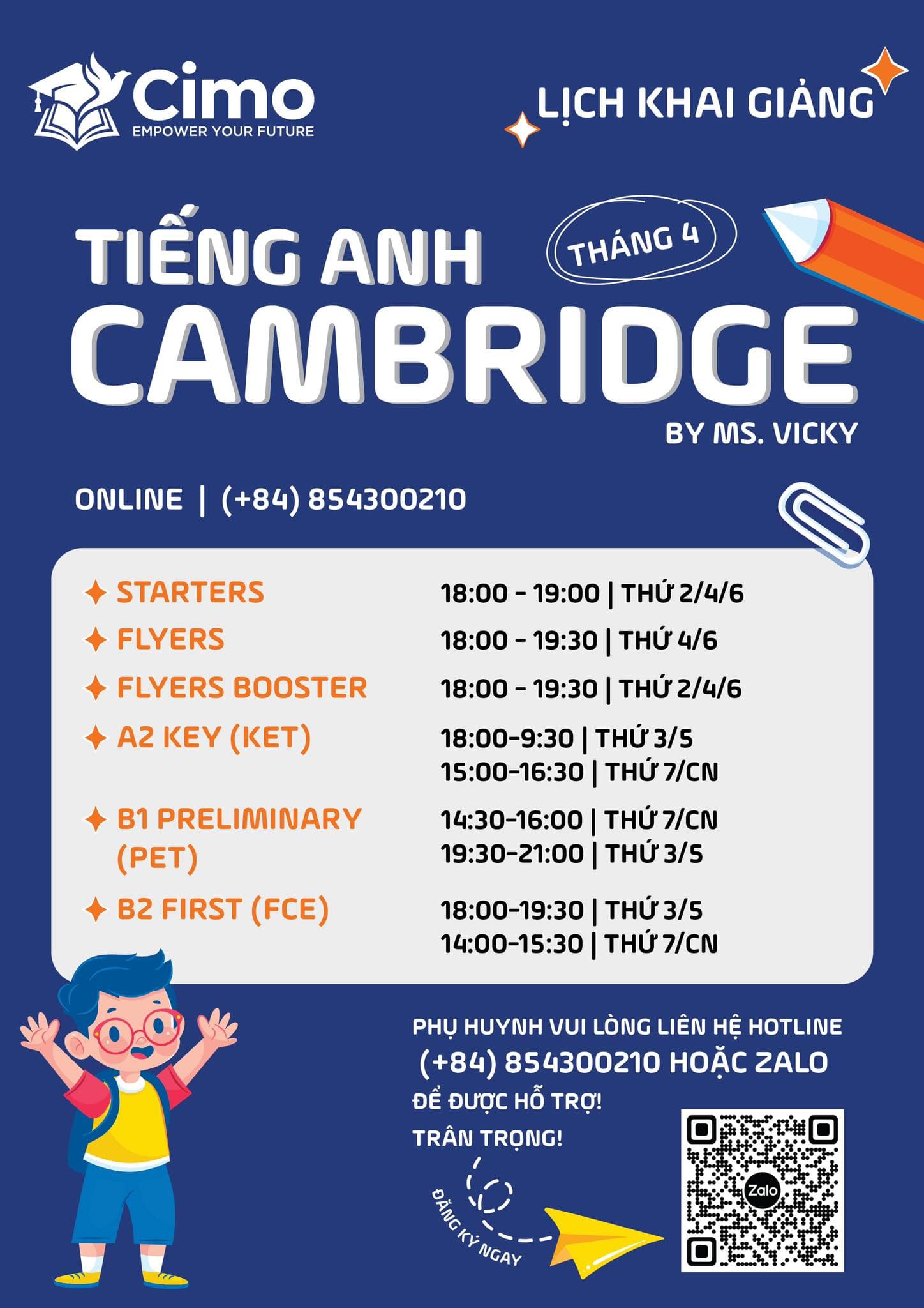 Poster màu xanh của CimoSchool về lịch khai giảng Tiếng Anh Cambridge Online tháng 4, liệt kê các lớp Starters Flyers A2 KET B1 PET B2 FCE kèm khung giờ học.