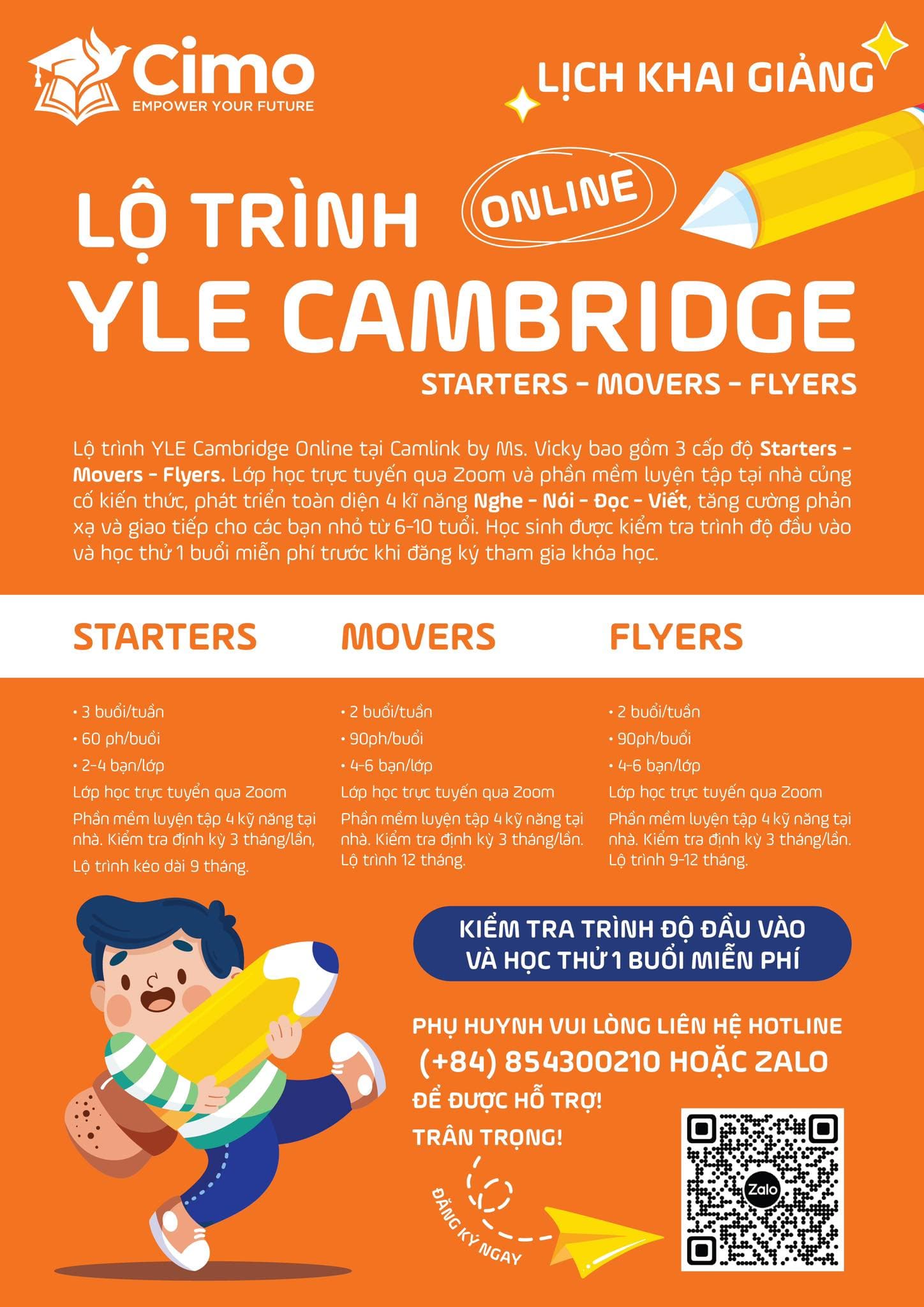 Poster CimoSchool màu cam về lộ trình YLE Cambridge Online gồm Starters Movers Flyers, nêu thời lượng học, sĩ số lớp nhỏ và thông tin hotline 0854300210.
